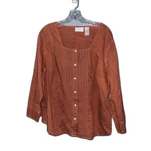 Liz Claiborne Rust 100% Cotton Prairie Peasant Style Button Down Top Size 14W